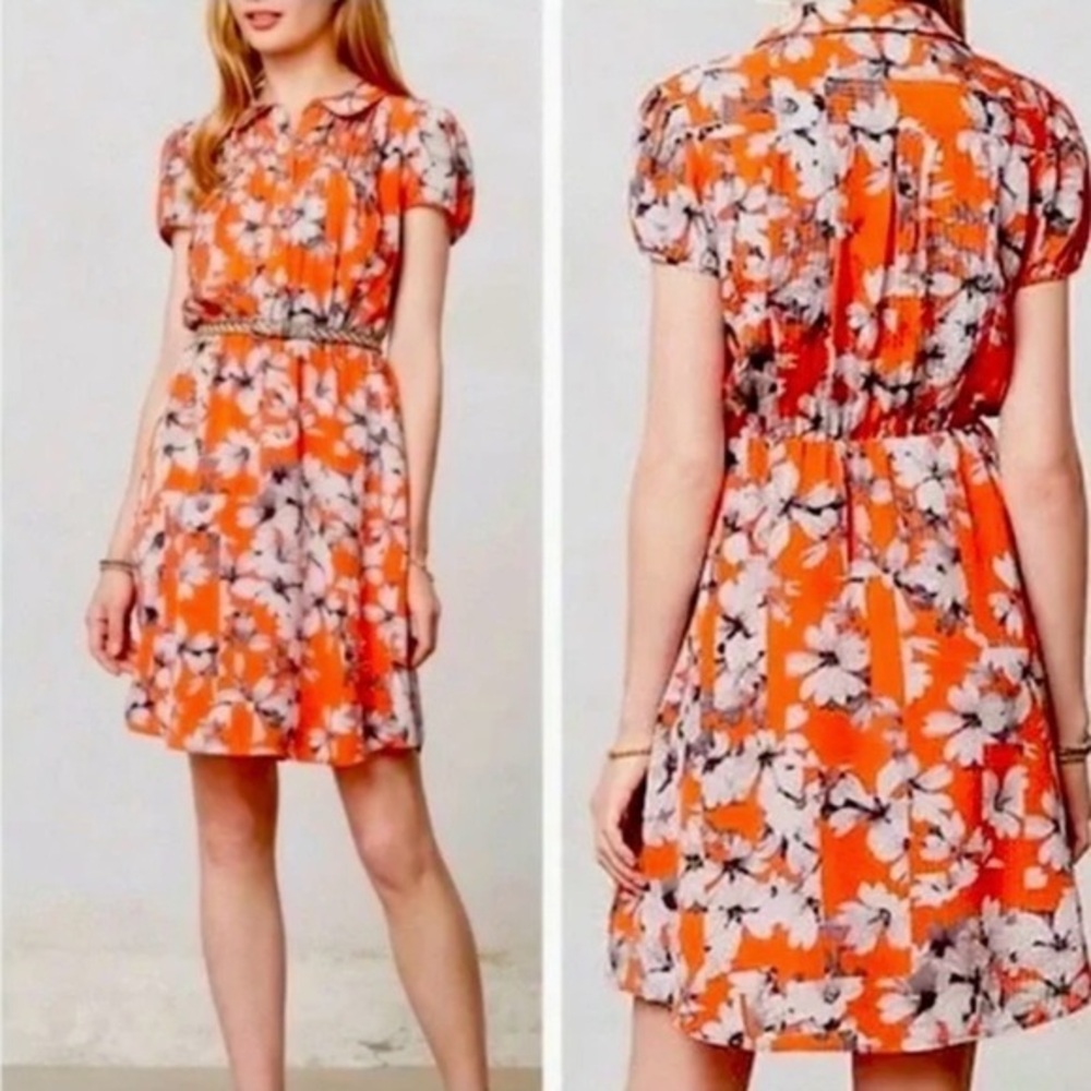 ANTHRO MAEVE Orange Silk Spectrum‎ Floral Print Dress 00P